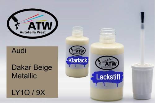 Audi, Dakar Beige Metallic, LY1Q / 9X: 20ml Lackstift + 20ml Klarlack - Set, von ATW Autoteile West.